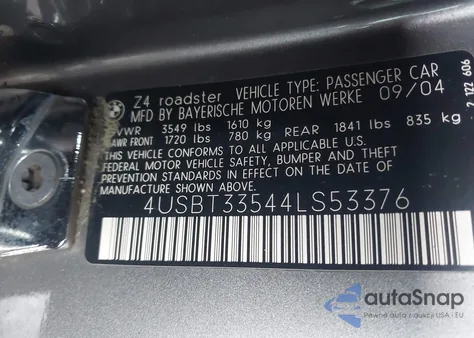 2004 BMW Z4 2.5I from USA, damaged, VIN 4USBT33544LS53376